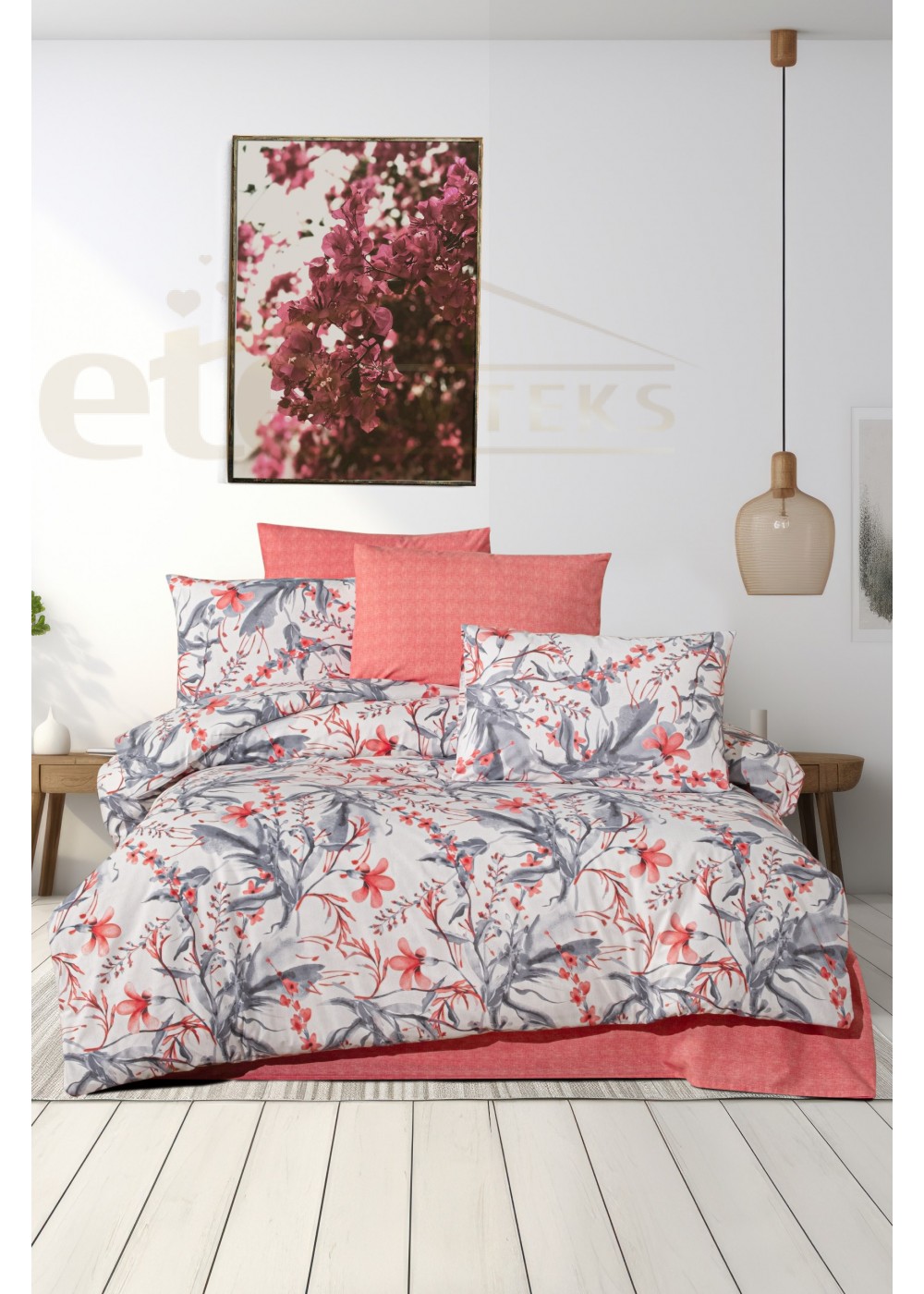 ETEHOMETEX Çift Kişilik Ranforce Pamuklu Lastikli Çarşaflı Nevresim Takımı ASYA PEMBE 8696474232057